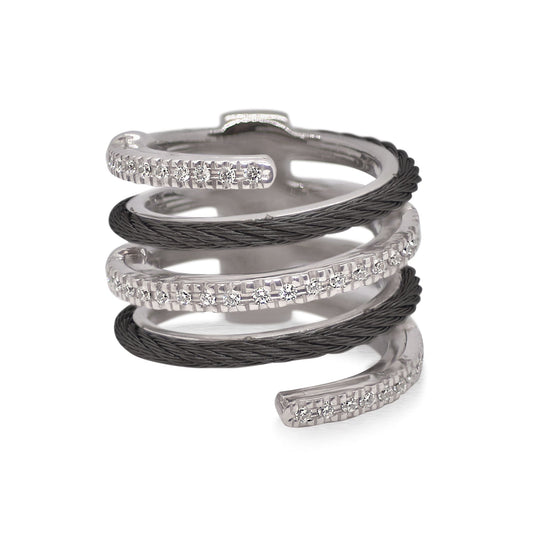 Stainless steel spiral ring with diamonds.