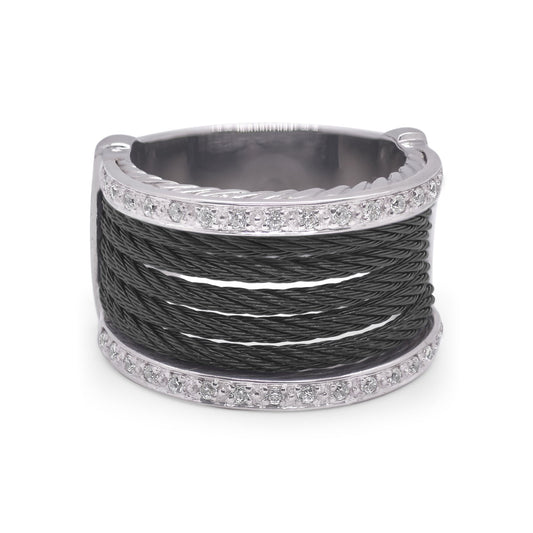 Stainless steel cable ring with diamonds.
