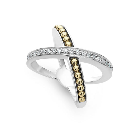 Sterling silver ring with diamonds and gold beads.