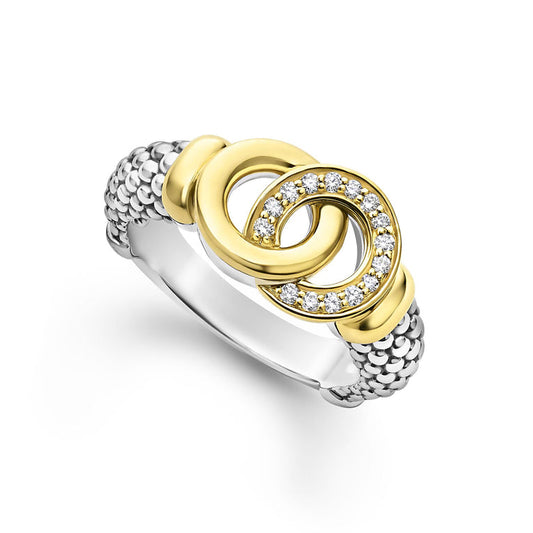 Gold and diamond interlocking ring design.
