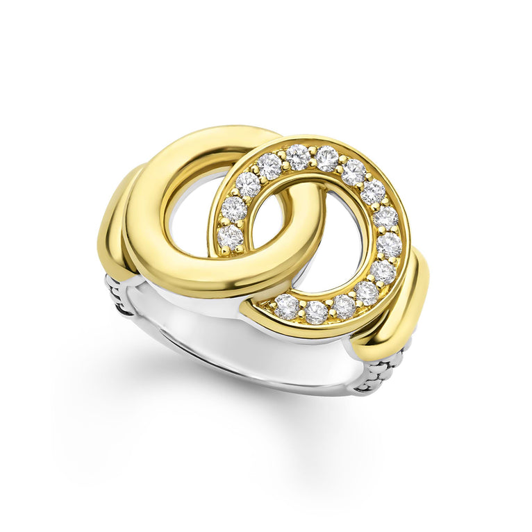 Gold and diamond interlocking circle ring.
