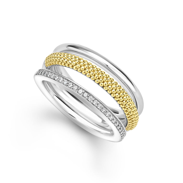Sterling silver ring with diamonds and gold accents.