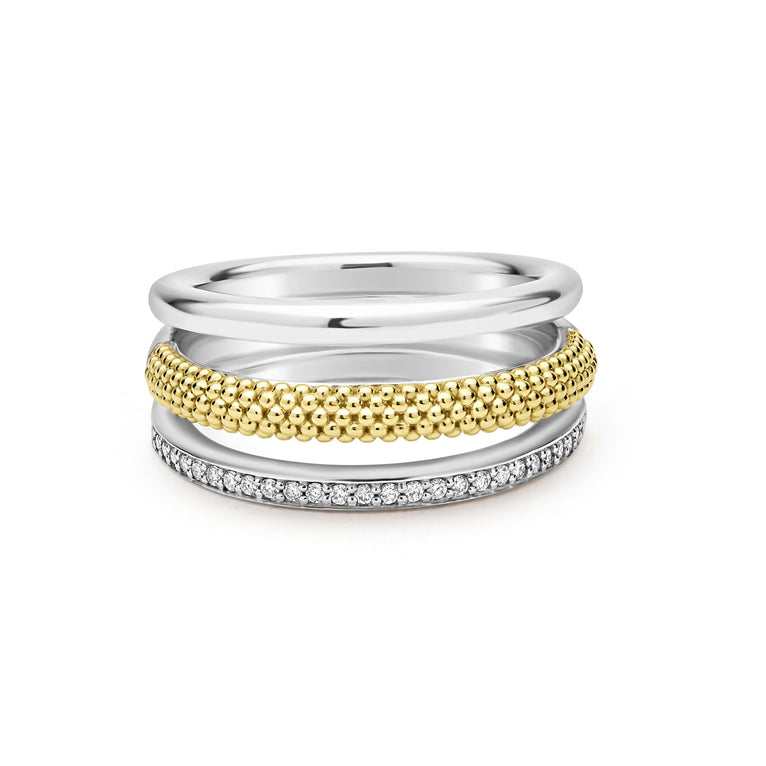 Sterling silver ring with diamonds and gold accents.