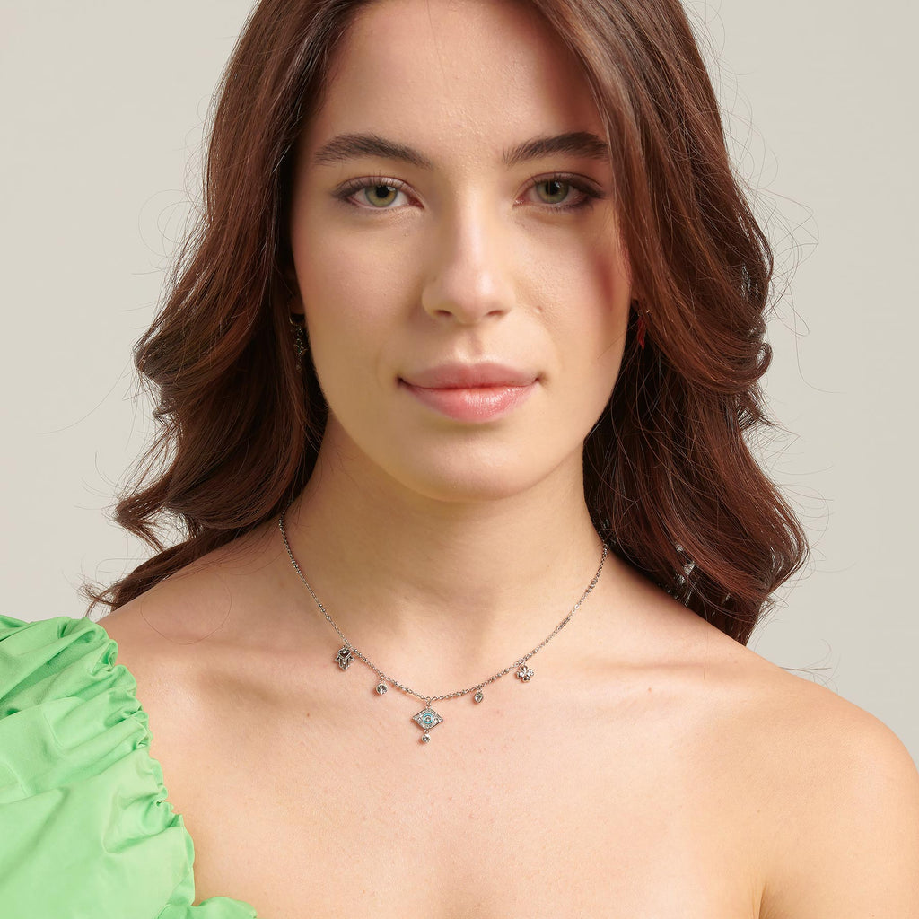 Simulated diamond necklace on stainless steel chain.