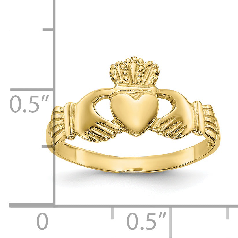 Yellow gold Claddagh ring with heart motif.
