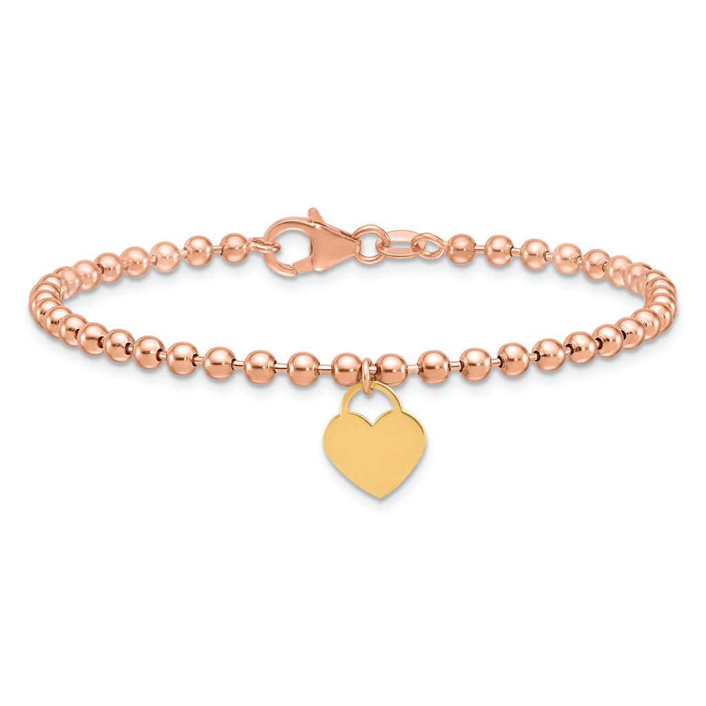 Rose gold beaded bracelet, yellow gold heart.