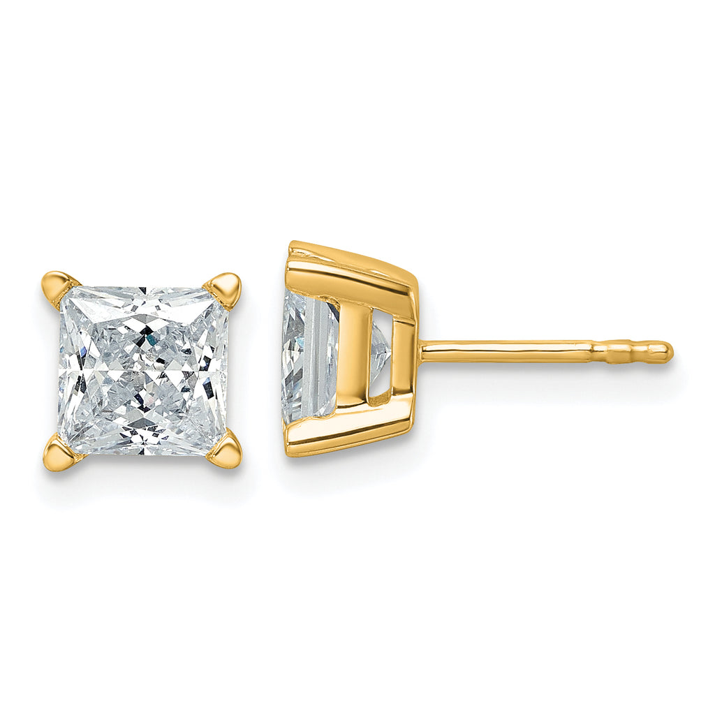 Princess-cut diamond studs, yellow gold setting.