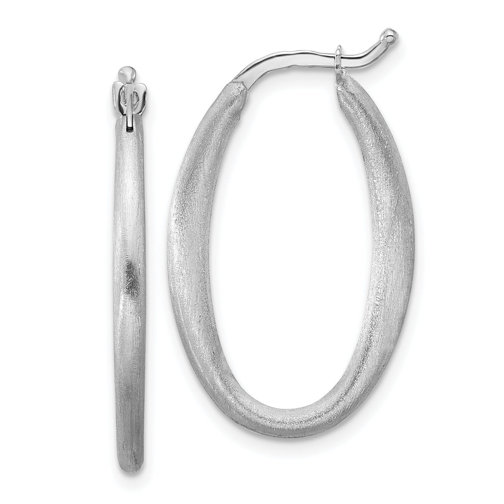 Brushed sterling silver oval hoop earrings, latchback closure.