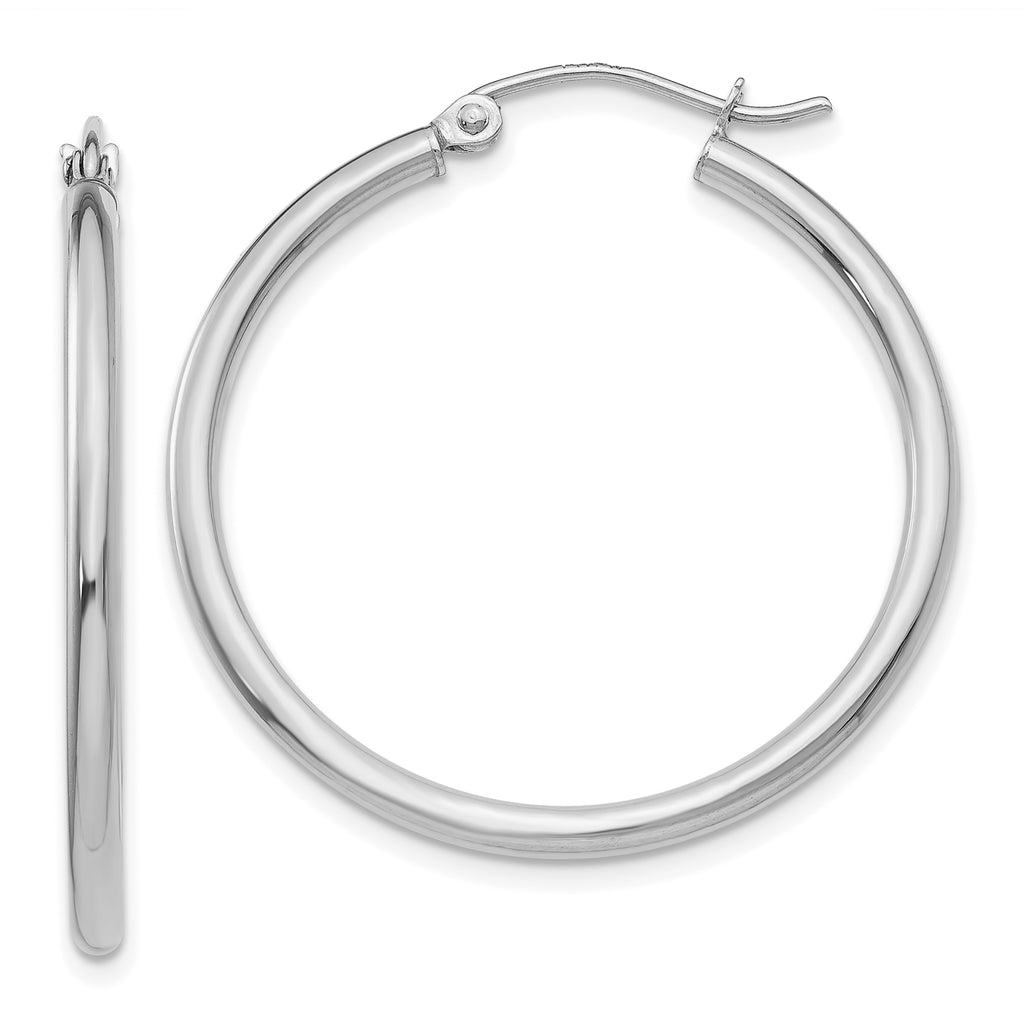 14K white gold medium hoop earrings.