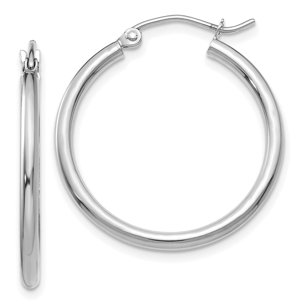 14K white gold medium hoop earrings.