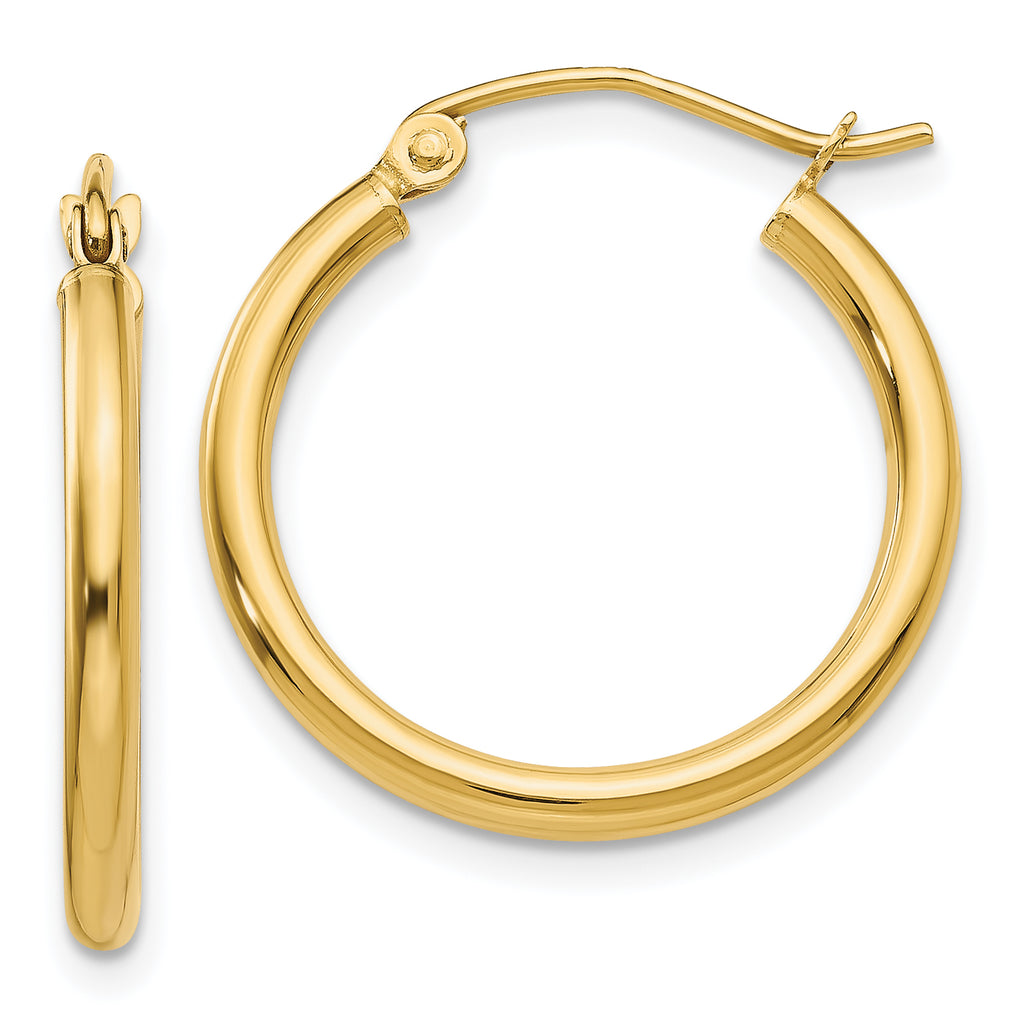 14K yellow gold polished hoop earrings.