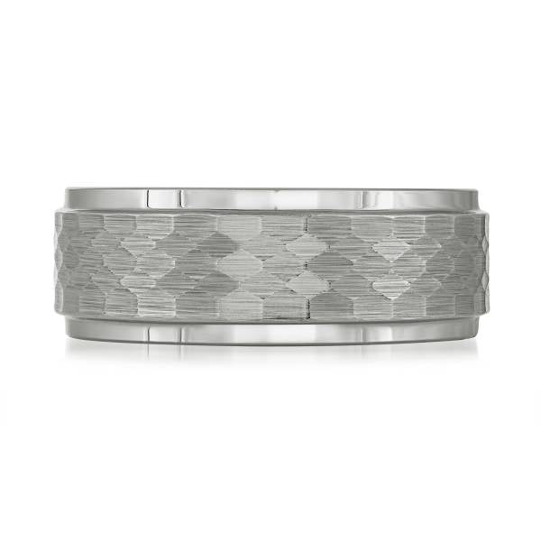 Tungsten Carbide grey carved men's band.