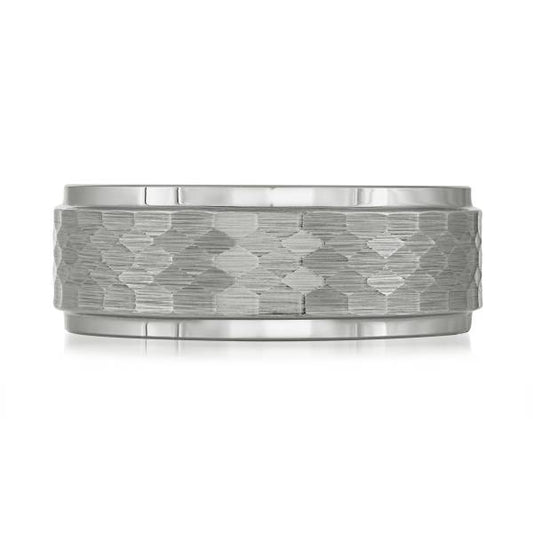 Tungsten Carbide grey carved men's band.