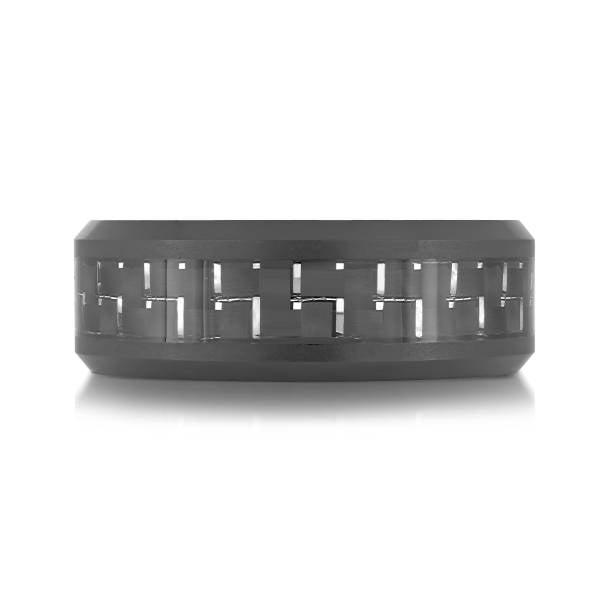 Black tungsten carbide band with carved design.
