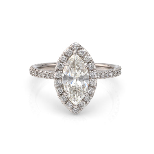 Halo Side Stone Natural Diamond Complete Engagement Ring in 18 Karat White with 1 Marquise Diamond, Color: I, Clarity: VS2, totaling 1.52ctw