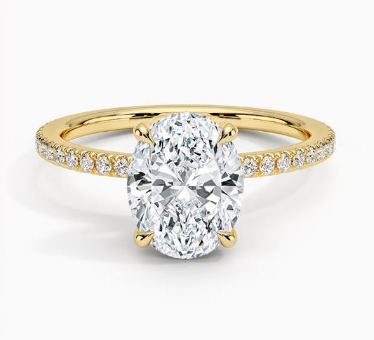 Hidden Accent Side Stone Lab-Grown Diamond Complete Wedding Set in 14 Karat Yellow with 1 Oval Lab Grown Diamond, Color: F, Clarity: VS1, totaling 1.5ctw