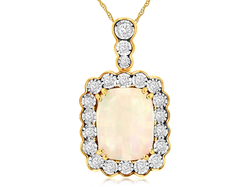 Elongated cushion opal necklace with diamond halo.