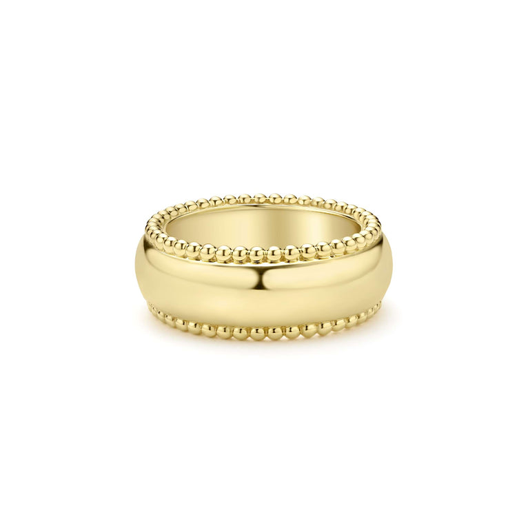 Polished yellow gold band with beaded edges.