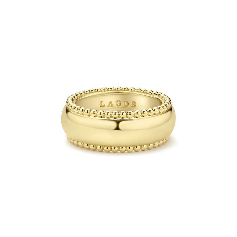 Polished yellow gold band with beaded edges.