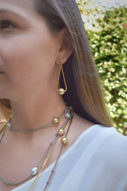 Gold drop earrings with large pearl.