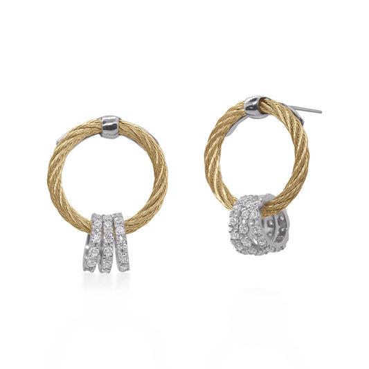 Diamond earrings with gold cable design.