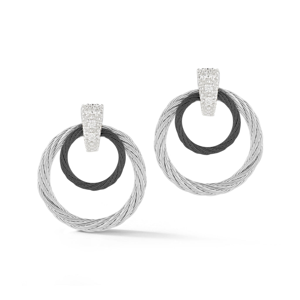 Stainless steel cable earrings with diamonds.