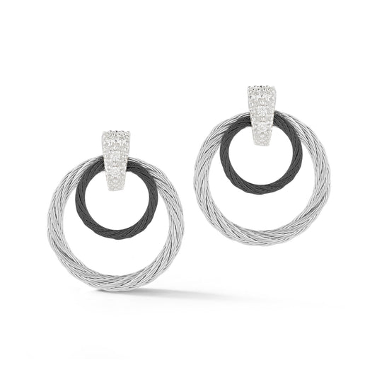 Stainless steel cable earrings with diamonds.