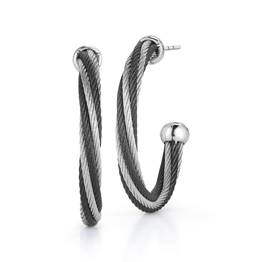 Stainless steel cable hoop earrings.