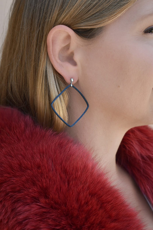 Blue stainless steel cable drop earrings.