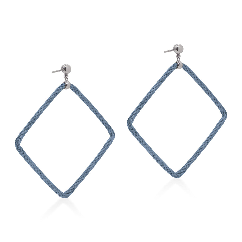 Blue stainless steel cable drop earrings.