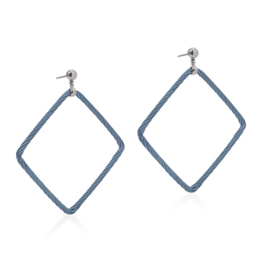 Blue stainless steel cable drop earrings.