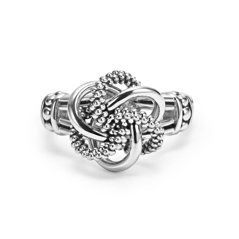Sterling silver love knot ring, intricate design.