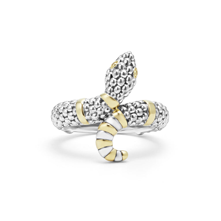 Sterling silver snake ring with gold accents.