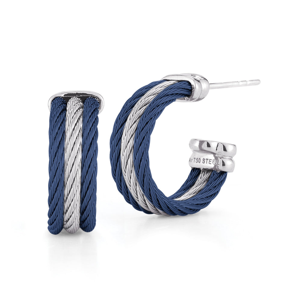 Blue and white twisted stainless steel hoops.