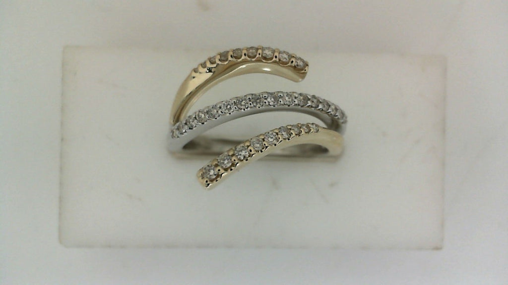 Two-tone diamond swirl ring, 14K white-yellow.