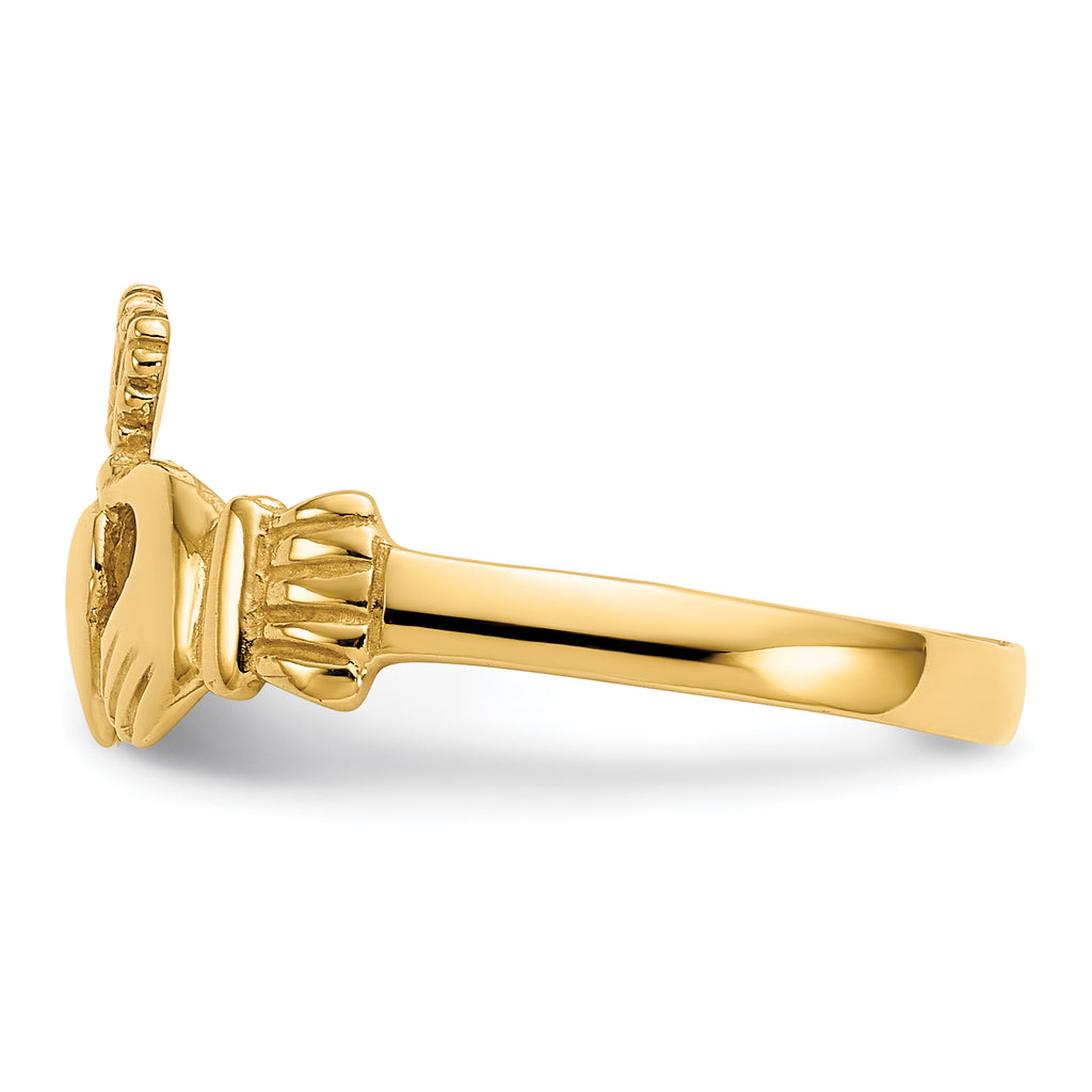 Yellow gold ring with clasped hands design.