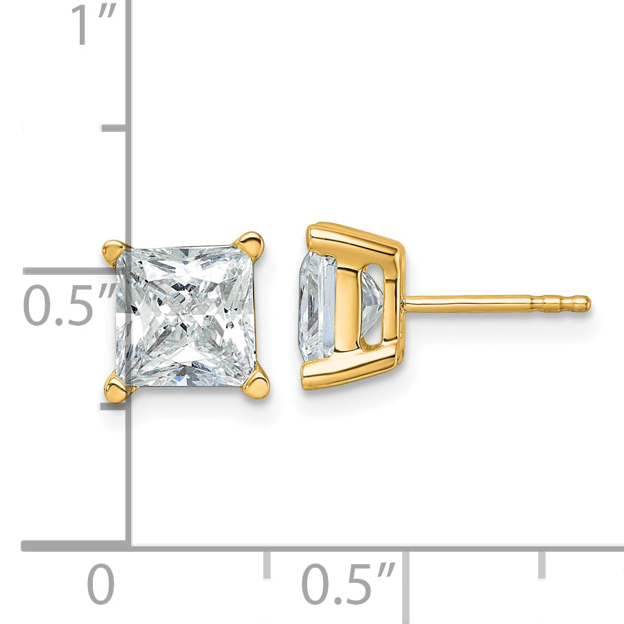 Princess-cut diamond studs, yellow gold setting.