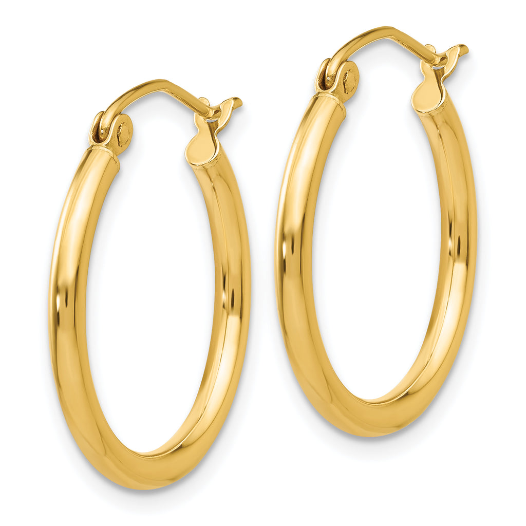 14K yellow gold polished hoop earrings.
