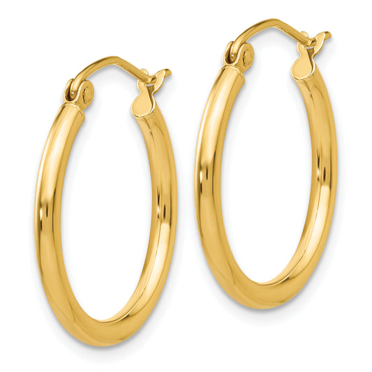 14K yellow gold polished hoop earrings.