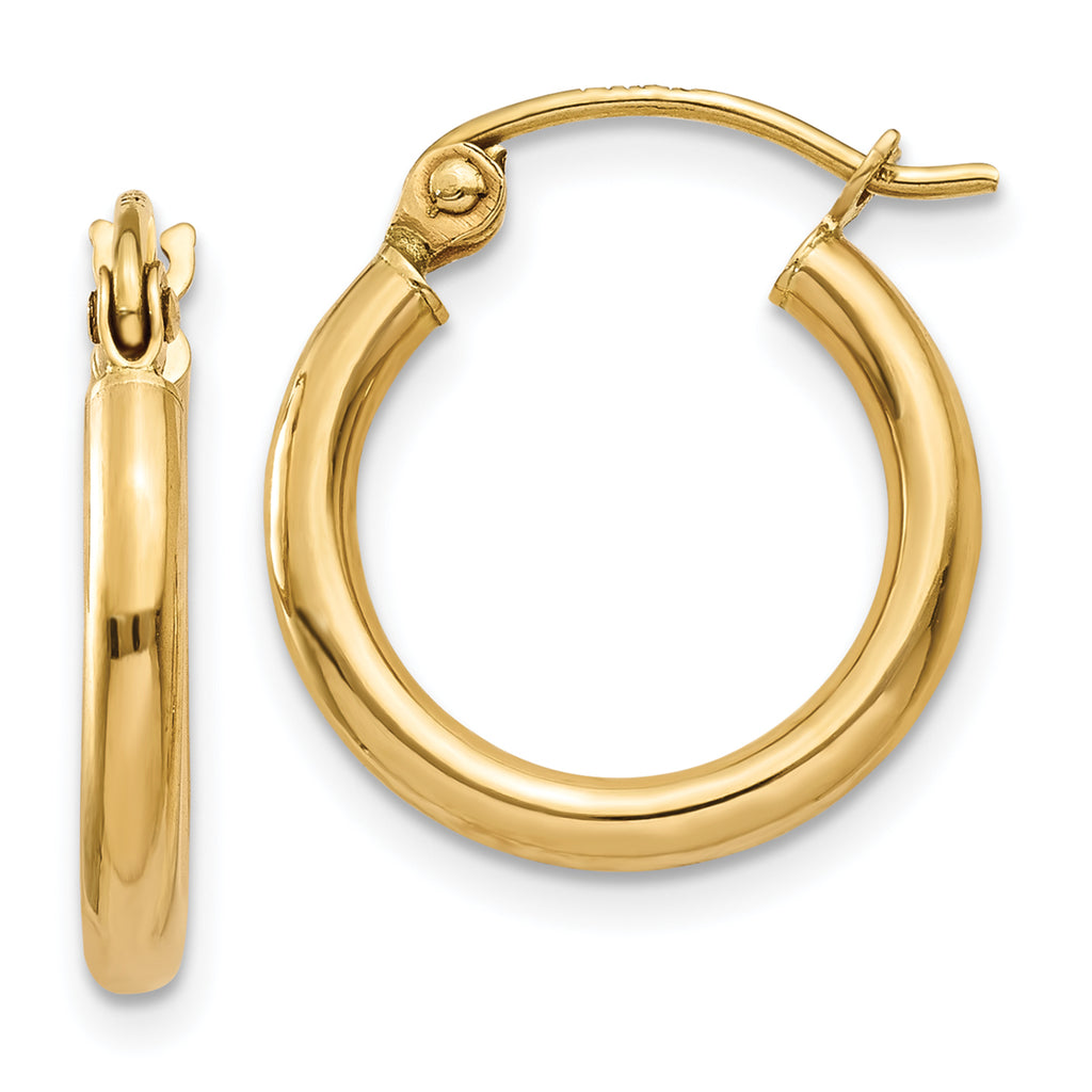 14K yellow gold polished hoop earrings.