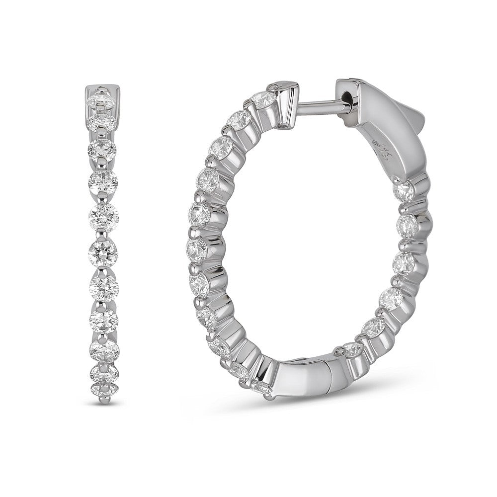 Small Hoop Natural Diamond Earrings in 14 Karat White with 0.98ctw Round Diamonds
