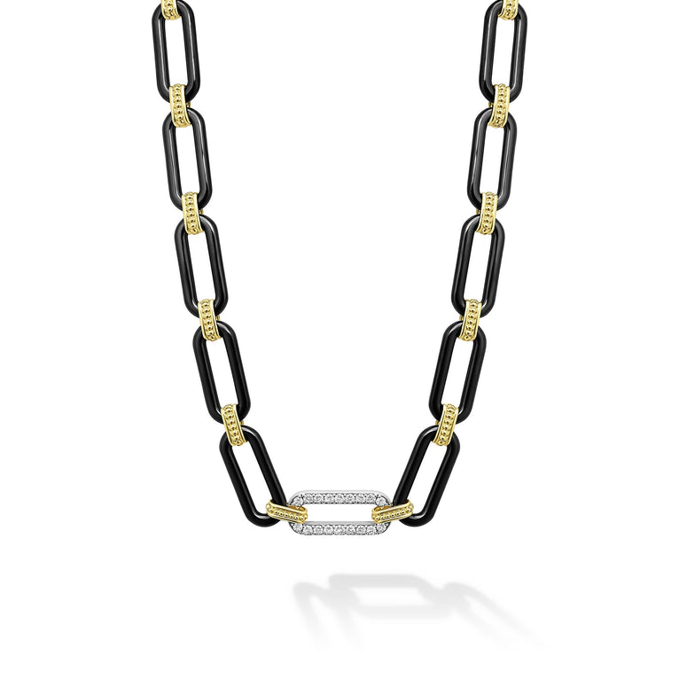 Black-yellow ceramic necklace with round diamonds.