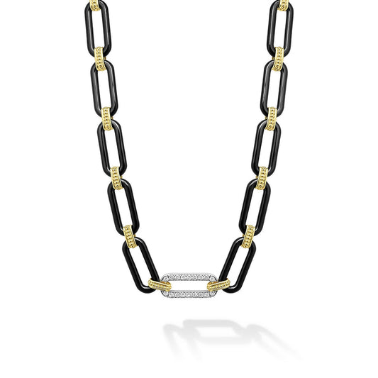 Black-yellow ceramic necklace with round diamonds.