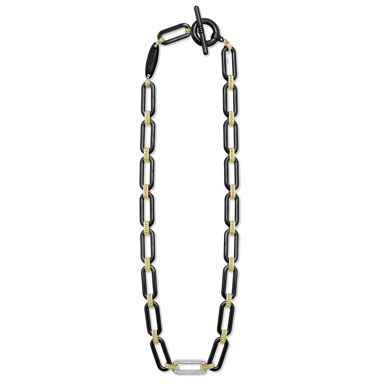 Black-yellow ceramic necklace with round diamonds.