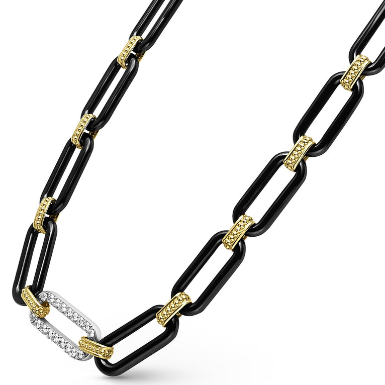 Black-yellow ceramic necklace with round diamonds.