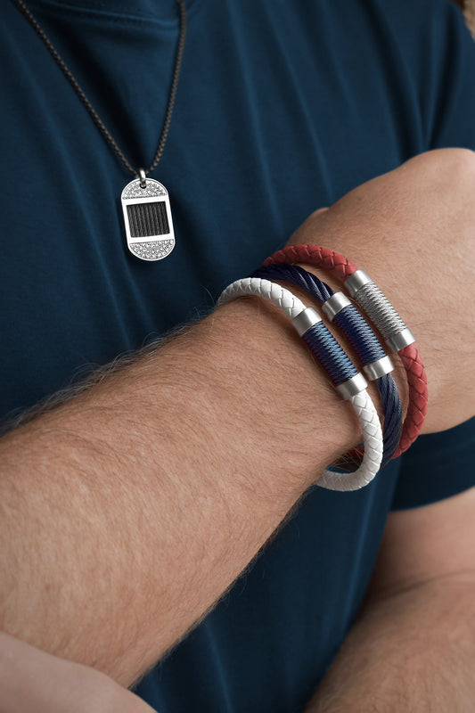 Red leather and stainless steel braid bracelet.
