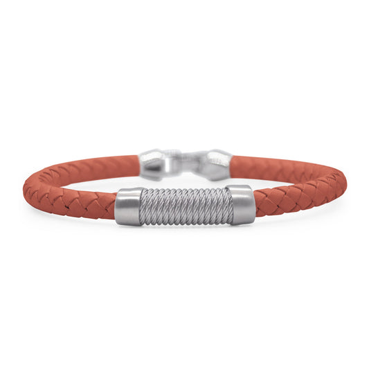 Red leather and stainless steel braid bracelet.