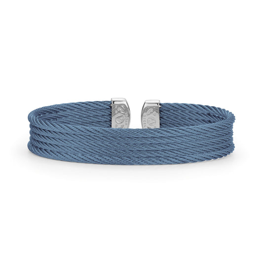 Blue stainless steel cable cuff bracelet.