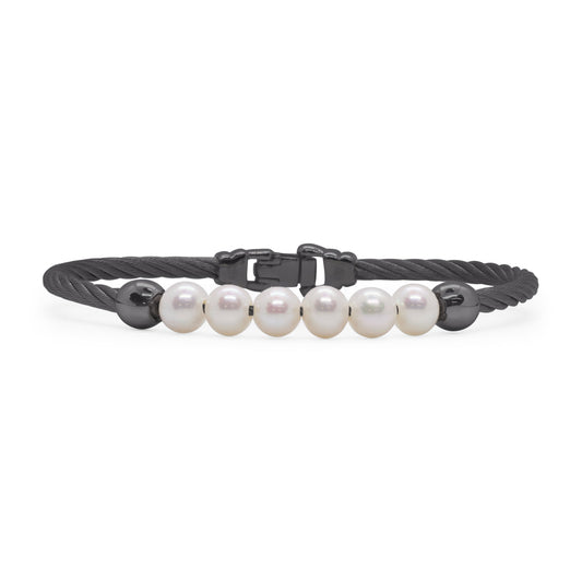 Black cable bracelet with freshwater pearls.