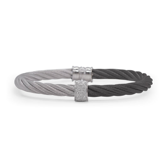 Stainless steel cable bracelet with diamonds.